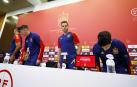 De izda. a dcha., Rodrigo Hernández, Álvaro Morata, César Azpilicueta y Marco Asensio, capitanes de la Selección española, antes de su comparecencia