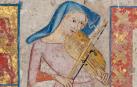 Juglaresa tañendo una viola de arco. Mural de la Pasión (1330) de Juan Oliver para el refectorio de la catedral de Pamplona.