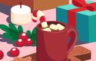 Ilustración de una taza con chocolate y dulces navideños