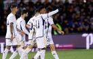 El delantero brasileño del Real Madrid Rodrygo Goes (c) celebra su gol durante el partido de dieciseisavos de final de la Copa del Rey