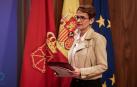 La presidenta del Gobierno de Navarra, María Chivite, interviene durante una rueda de prensa, en el Palacio de Navarra, este lunes
