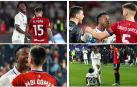 Algunos de los momentos de Vinicius con los jugadores de Osasuna. Arriba, a la izda., en la Cartuja, riéndose de Rubén Peña. A su derecha, también en la final se encaró con David García. En la fila inferior, a la izda., el brasileño se las tuvo con Moi Gómez hace un año en El Sadar y a la dcha., Unai le recrimina su conducta en la pasada Liga en Pamplona./