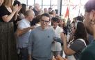 El candidato a lehendakari de EH Bildu, Pello Otxandiano (c), y las candidatas guipuzcoanas, Maddalen Iriarte, y Nerea Kortajarena, este sábado en San Sebastián