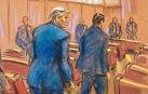 Reproducción fotográfica de un dibujo realizado por la artista Jane Rosenberg donde aparece el expresidente de Estados Unidos Donald Trump a su llegada a la audiencia de selección de jurado de su juicio penal este lunes