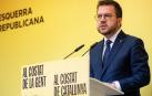 El presidente de la Generalitat de Catalunya y candidato por ERC a la reelección, Pere Aragonès, durante una rueda de prensa este lunes, 29 de abril