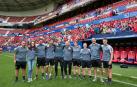 De izq. a dcha: Ekaitz Irujo (segundo entrenador), Marta Fernández (nutricionista), Jabi Gallego (entrenador de porteras), Mikel Álvarez (analista), Fermín Eransus (readaptador físico), Josu Domínguez (primer entrenador), Saioa Burgui (delegada), Inés Lahera (fisioterapeuta), Mikel Viscarret (médico) y Alberto Pérez de Ciriza (preparador físico).