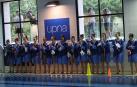 Las jugadoras del Iruña 9802, este sábado en la piscina de la UPNA, antes del partido