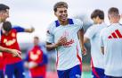 Lamine Yamal sonríe durante el entrenamiento de España en Donaueschingen