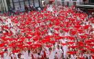 Los presentes en la plaza de los Fueros levantaron sus pañuelos rojos instantes antes de que el cohete estallara en el cielo de la villa