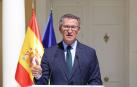El presidente del PP, Alberto Núñez Feijóo, durante una rueda de prensa posterior a la reunión con los barones de su partido