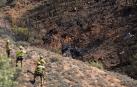 Integrantes de los servicios de Emergencias en las inmediaciones del lugar en el que un piloto de un avión de combate F18 del Ala 12, con base en Torrejón de Ardoz (Madrid), ha fallecido al sufrir la aeronave un accidente en Peralejos (Teruel)