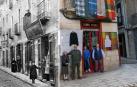 El antes y el ahora de Tejidos Castillo, en dos fotografías. En la foto de la izquierda, de 1910, se ve al fundador de Tejidos Castillo, Saturnino -a la izda. en el grupo de 4 personas a la dcha. de la imagen- en la puerta de su tienda. En la foto de la derecha, de izda. a dcha.: Sofía Castillo Puyuelo, Enrique González Castillo, Lamec Condori Huaman, y Martín González Castillo, en la puerta de su negocio con telas colgando de la fachada colocadas de propio para recrear la imagen antigua
