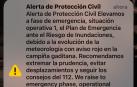 Captura de pantalla de un teléfono móvil con un aviso del sistema de alerta de Protección Civil por aviso de nivel rojo.