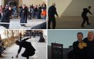 A la izquierda, dos imágenes del partido de pasaka disputado en el sobreclaustro de la catedral de Pamplona; a la derecha, dos fotogramas de la serie 'Los Misterios de Murdoch'