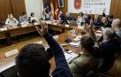 Los ediles de UPN, PSN y PP levantan la mano para votar a favor de la salida del Ayuntamiento de Estella de la asociación Teder /