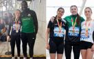 A la izquierda, Andrea Arilla con François Beoringyan. A la derecha, Jihan Essoubai (primera del grupo), en el podio de 1.500