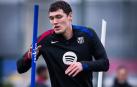 El danés Andreas Christensen ejercitándose este miércoles en la sesión matinal del F.C. Barcelona /