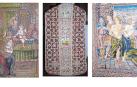 De izda. a dcha.: 1-. Detalle de la casulla del terno de San Saturnino de Pamplona, Juan de Sarasa, 1576. 2-. Casulla del terno de Cruzat de la Catedral de Pamplona, Miguel de Sarasa, Último cuarto del siglo XVI. 3-. Detalle de la casulla del terno de San Juan Evangelista de Peralta, Miguel de Sarasa, c. 1600.