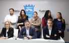 El alcalde de Tudela, Alejandro Toquero, durante la rueda de prensa acompañado de parte del equipo de Gobierno de UPN