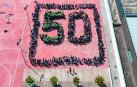 Foto aérea tomada con un dron de todo el alumnado formando un cincuenta en el patio del IES Tierra Estella por el aniversario