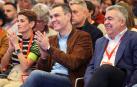 María Chivite, Pedro Sánchez y Santos Cerdán, el pasado 22 de marzo, en el Baluarte, en Pamplona, en el acto de clausura del congreso de los socialistas navarros.