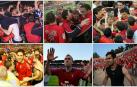 Arriba, la salvaciones en San Sebastián (2001), Santander (2008) y en El Sadar contra el Real Madrid (2009). Abajo, tras la permanencia contra el Villarreal (2011), descenso contra el Betis (2014) y salvación de Sabadell (2015).