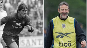 Thomas Christiansen, en una imagen en El Sadar en 1994 con la camiseta de Osasuna y en otra actual dirigiendo a Panamá en una sesión en el Mundial