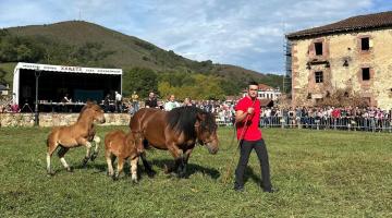 El ganadero de Elcoaz (Urraúl Alto) Santi Iriguibel Larrea, en la 14ª edición del Concurso Caballar de raza Burguete celebrada recientemente en Urdax, con los dos potros y la yegua madre